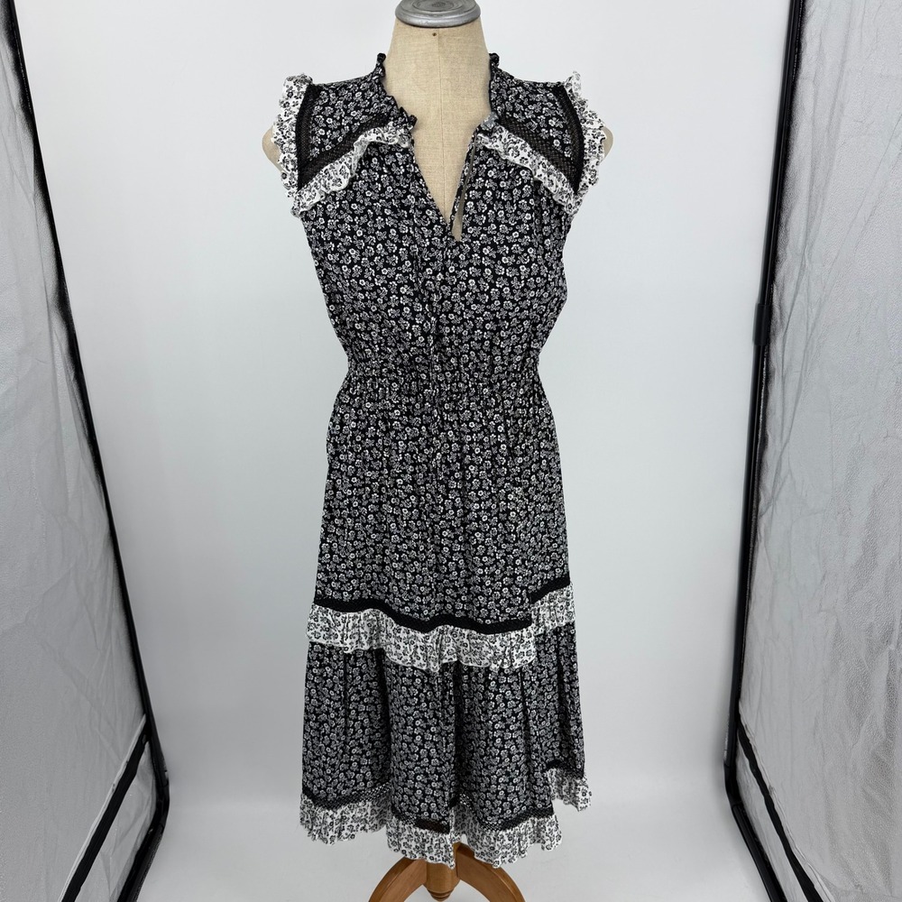 Kate Spade Floral Midi Dress Womens Small Black White Ruffle Lace Tiered Boho